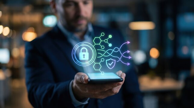 Digital Wallet Security, Fintech Transaction, and Encrypted Money Flow Concept: Floating Holographic Cloud of Safe Deposit Nodes and Checkmark Icons above Blurred Businessman