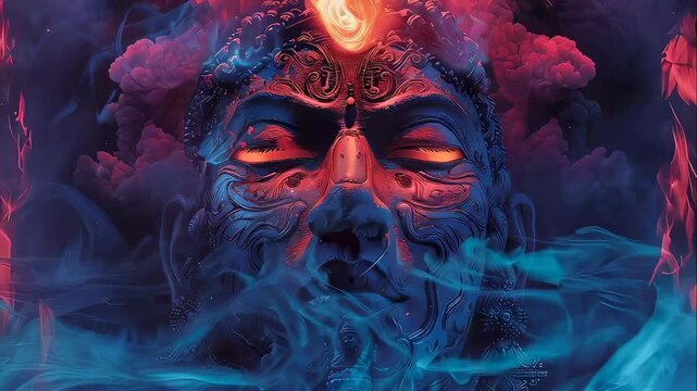Meditating Indian deity with glowing third eye amidst swirling smoke. Spiritual Hindu god Shiva portrait. Ancient religious iconography and divine enlightenment.