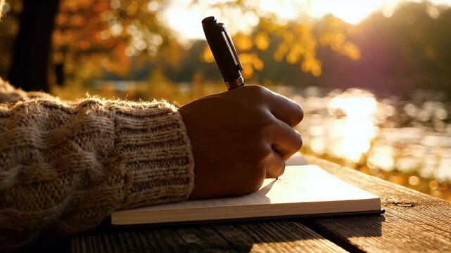 A hand in a sweater writes in a journal by a sunlit lake
