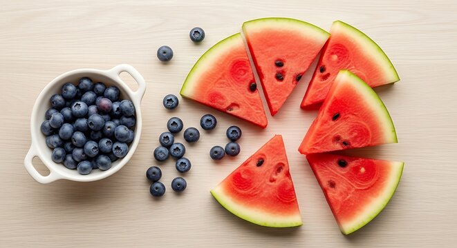 A high angle top view of fresh juicy watermelon slices and a bowl of blueberries on a wooden table