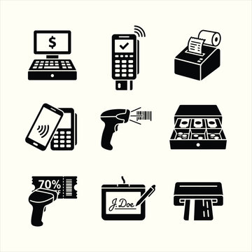 Flat vector cash register and POS terminal payment icon set