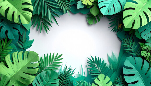 Paper Cut Tropical Monstera Leaves Frame on White Background