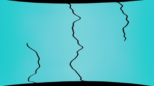 Animation of blue fabric stretching and tearing into pieces, the appearance of torn edges from the tear, changing frames, transition, on a black background for editing.