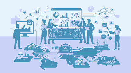 Obraz premium Business team analyzing global data and strategy with digital charts and world map, illustrating business growth and analytics.
