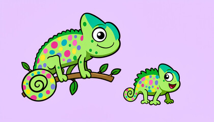 Naklejka premium Cute cartoon chameleons mother and baby on a branch
