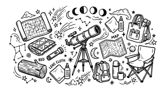 Astronomy Camping Gear Doodle Art - Telescope, Maps, Star Chart, Lantern, Backpack