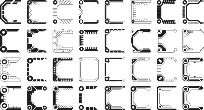 Collection of futuristic geometric frames and borders with a technological and sci-fi aesthetic featuring clean lines and angular digital interfaces or