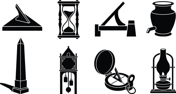Ancient timekeeping and historical measurement instruments icon set featuring sundial hourglass obelisk and vintage pendulum clock silhouettes