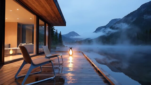 Modern lodge deck with chairs, glowing lamp, misty lake, and mountains
