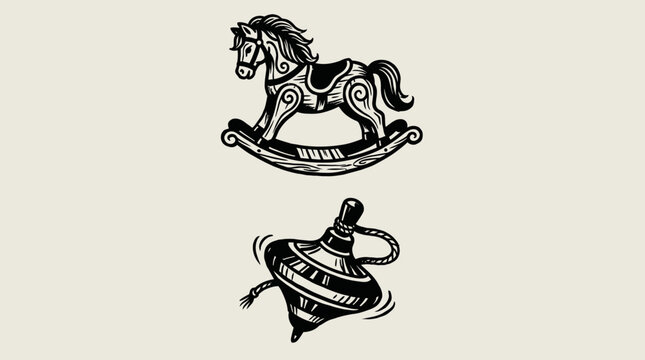Rocking Horse and Spinning Top Vintage Toys Illustration