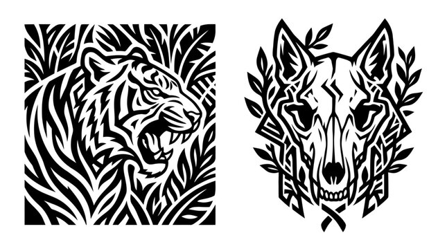 Tiger and Wolf Skull with Laurel Wreath, Black and White Graphic Art