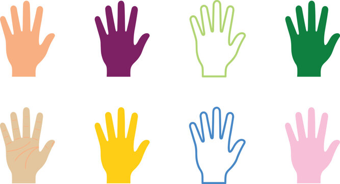 Colorful open hand icons and palm silhouettes collection set vector illustration for community and diversity concepts