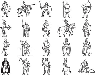 Naklejka premium A collection of medieval knight illustrations, showcasing warriors in full armor wielding swords, spears, and shields, along with archers and cavalry, in a classic monochrome style.