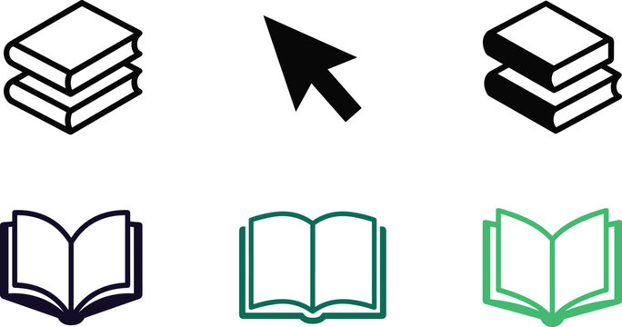 Education and e-learning vector icon set featuring open books, book stacks, and a mouse cursor arrow