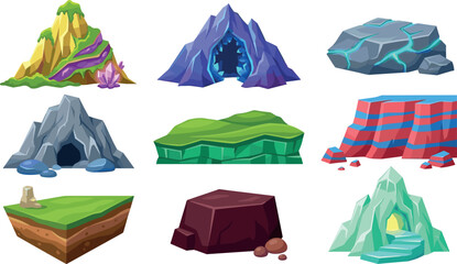 Cartoon Fantasy Game Rock and Mountain Cave Set with Crystal, Grass, and Stone Elements for Game UI and Adventure Design Projects © Tanjimul