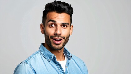 Obraz premium Surprised young man with an expressive face looking at the camera against a grey background showcasing authentic human emotions and reactions