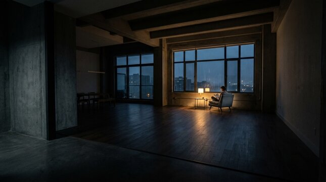 Candid wide shot of solitary evening relaxation in empty apartment