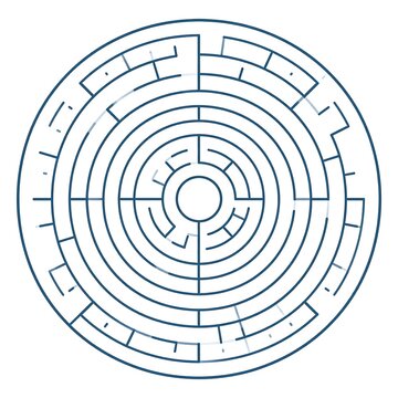 A blue circular maze with concentric rings and dead ends