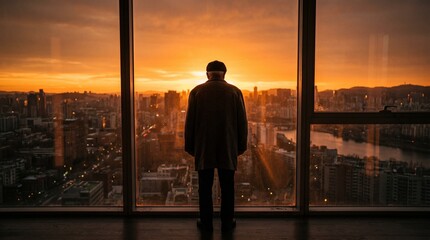 Fototapeta premium Candid silhouette of elderly person contemplating sunset from home window