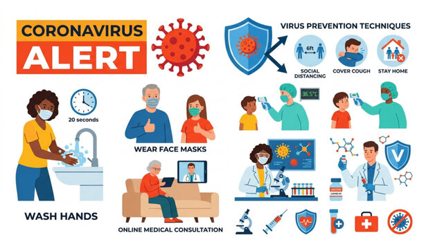 Coronavirus Alert and Vaccine Research Cartoon Vector Collection with Protection Tips