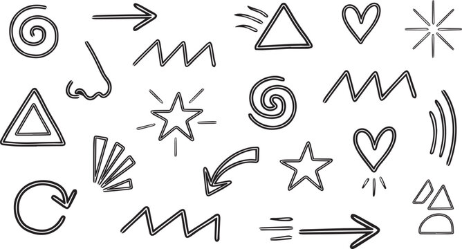 hand drawn doodle icons and shapes for graphic design  various symbols and arrows