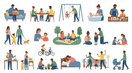 Fototapeta premium Diverse Family and Parenting Lifestyle Flat Vector Illustration Set: Daily Activities Care