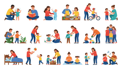 Fototapeta premium Parents and Children Flat Vector Illustration Set: Family Life, Parenting, Childcare, Education, Daily Activities