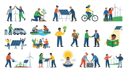 Fototapeta premium Diverse People Embrace Renewable Energy: Solar, Wind, Cycling, Green Living