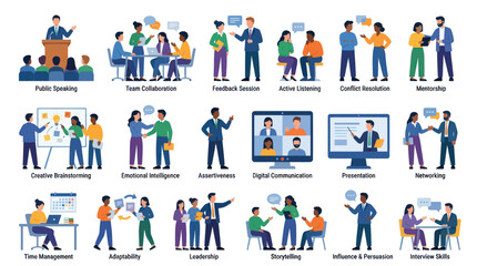 Fototapeta premium Flat Design Vector Illustrations of Business and Professional Soft Skills Concepts with Diverse People