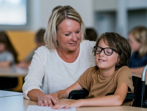 Caring teacher supporting a young student in a wheelchair within a bright, airy classroom for inclusive education and school lifestyle content