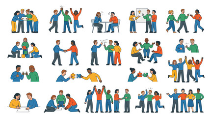 Fototapeta premium Diverse Teamwork and Business Collaboration Flat Vector Illustration Set for Problem Solving and Communication