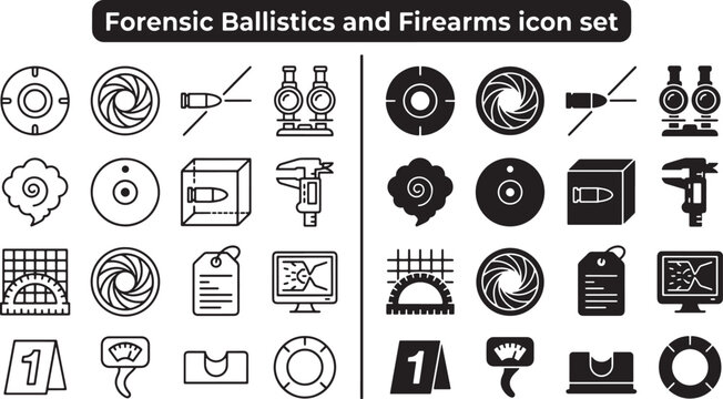 Forensic ballistics and firearms investigation icon set featuring outline and solid black vector symbols for crime analysis