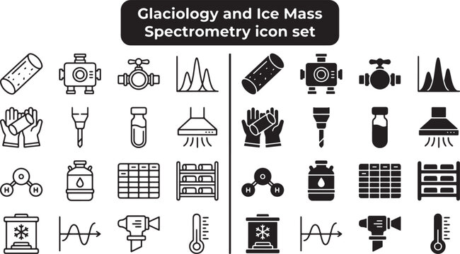 Glaciology and Ice Mass Spectrometry Icon Set Featuring Laboratory Equipment and Scientific Analysis Symbols in Vector Format