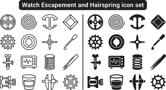 Watchmaking escapement and hairspring icon set featuring mechanical clockwork components and precision repair tools in vector format