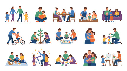 Fototapeta premium Flat Vector Icons of Family Activities - Parenting, Leisure, Education