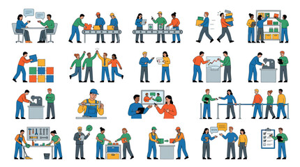 Fototapeta premium Flat Vector Illustration Set: Diverse Workers in Business, Manufacturing, Logistics, and Teamwork Scenes