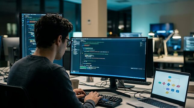 Man working on multiple monitors with code and flowchart computer coding programming