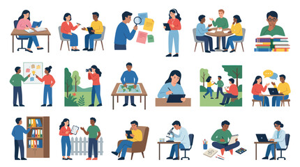 Fototapeta premium Flat Illustration: Diverse People Learning, Working, and Collaborating in Education Business