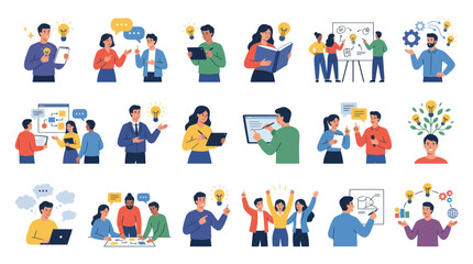 Fototapeta premium Flat Design Business, Education Innovation Concepts: People, Ideas, Learning Collaboration Illustrations