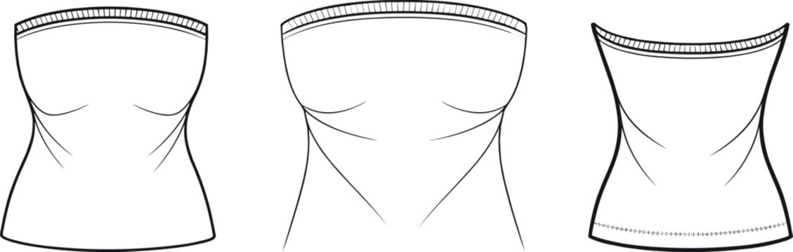 Technical flat sketch comparison of strapless tops with neckline variations, seam details, and flared hem for apparel design