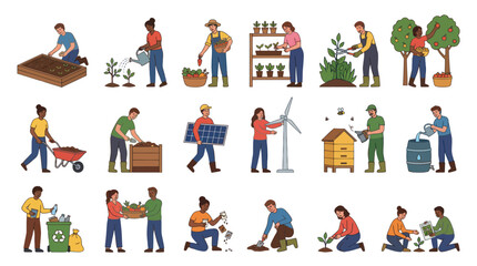 Fototapeta premium Sustainable Gardening, Eco-Farming Environment Activities Hand-drawn Outline Vector Illustration Set