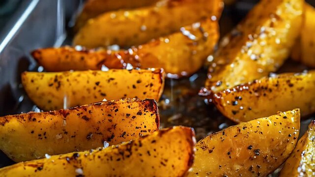 Seasoned potato wedges with visible specks of pepper and falling salt