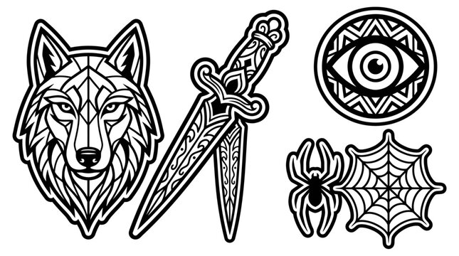 Wolf, Dagger, Eye, Spiderweb Stickers. Tribal, Geometric Icons