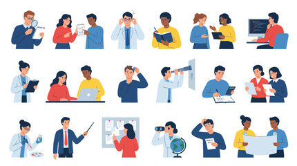 Fototapeta premium Flat Design Professional People Vector Icons Set: Diverse Students, Scientists, and Business Teams Learning and Working