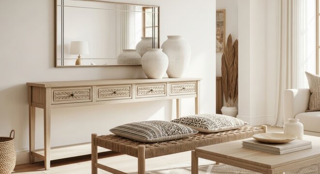 Bright and airy living room with a natural wood console table and woven bench