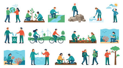 Fototapeta premium Flat Design Environmental Activities Vector. People Engaged in Nature Conservation Sustainability Initiatives.
