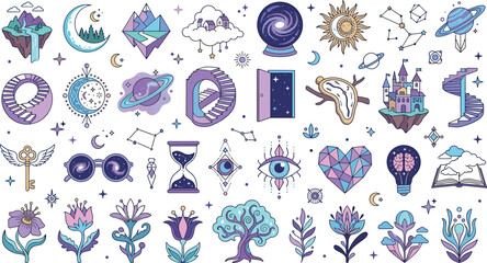 Naklejka premium Fantasy and mystical elements illustration collection in soft purple and blue tones