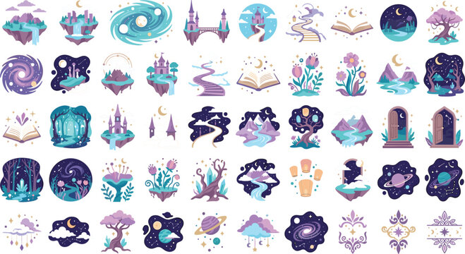 Fantasy pixel art icons set with magical elements and buildings in vibrant colors