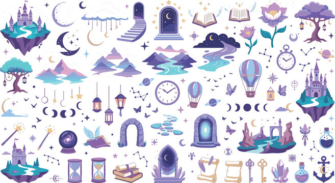 Fantasy illustration collection of magical elements and objects in dreamy blue tones