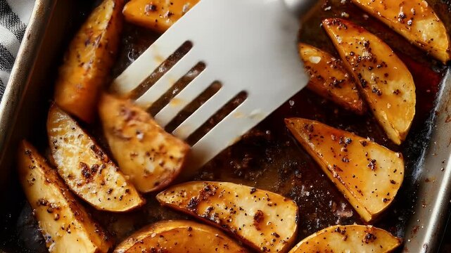 Roast potatoes with spices on baking sheet being turned with spatula
